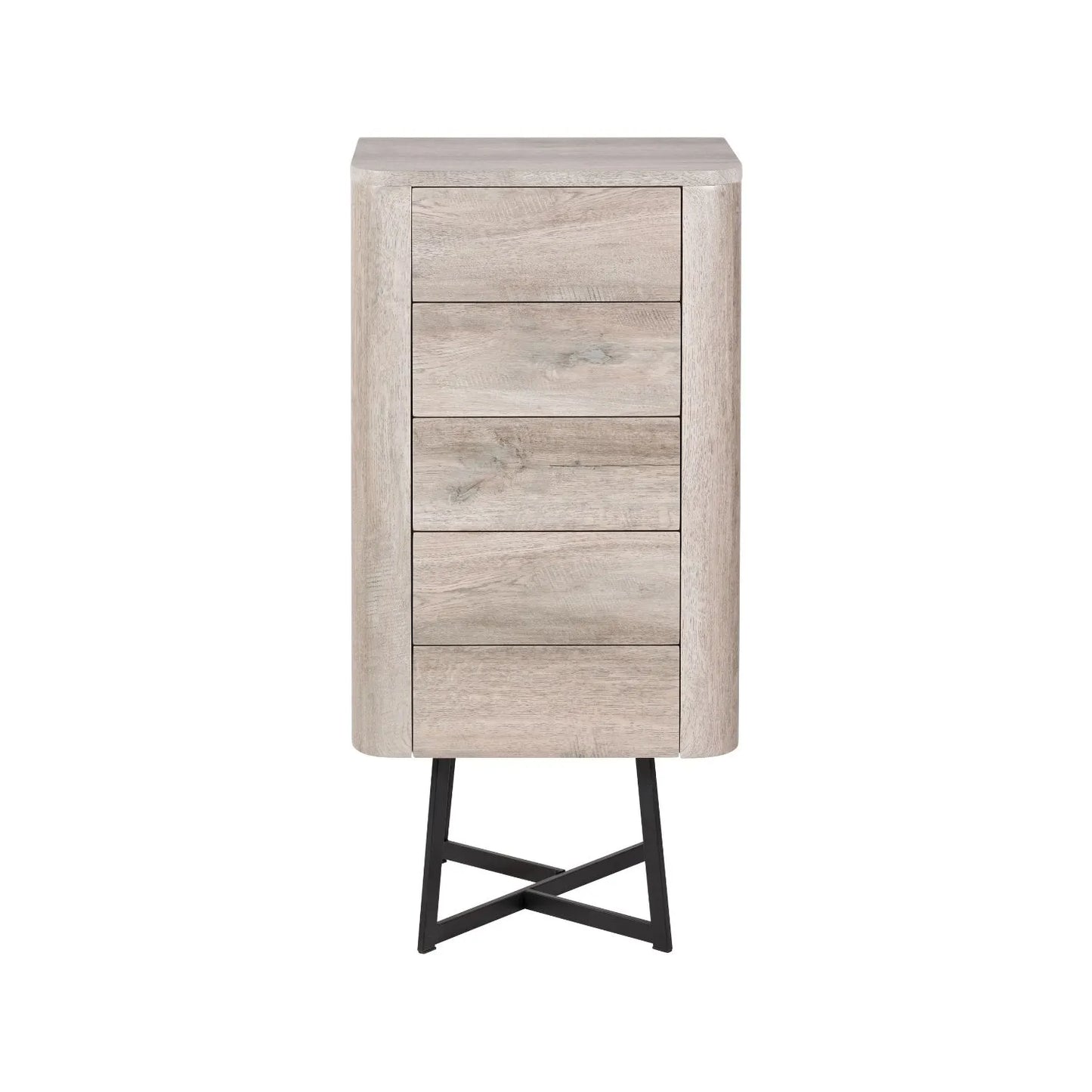 Light Grey Oak Veneer 5 Drawer Chest of Drawers with Tapered Black Metal Legs – Scandinavian Tallboy Unit H100xW50xD40cm – Grey Oak Veneer Tall Chest with Handle-Free Drawers & Black Steel Frame | Click Style