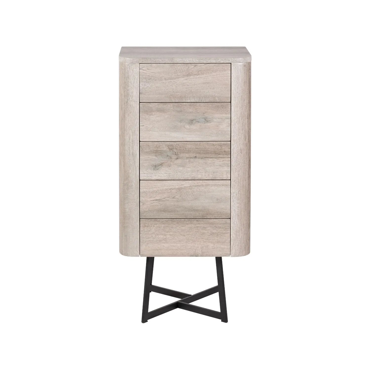 Light Grey Oak Veneer 5 Drawer Chest of Drawers with Tapered Black Metal Legs – Scandinavian Tallboy Unit H100xW50xD40cm – Grey Oak Veneer Tall Chest with Handle-Free Drawers & Black Steel Frame | Click Style