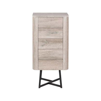 Light Grey Oak Veneer 5 Drawer Chest of Drawers with Tapered Black Metal Legs – Scandinavian Tallboy Unit H100xW50xD40cm – Grey Oak Veneer Tall Chest with Handle-Free Drawers & Black Steel Frame | Click Style