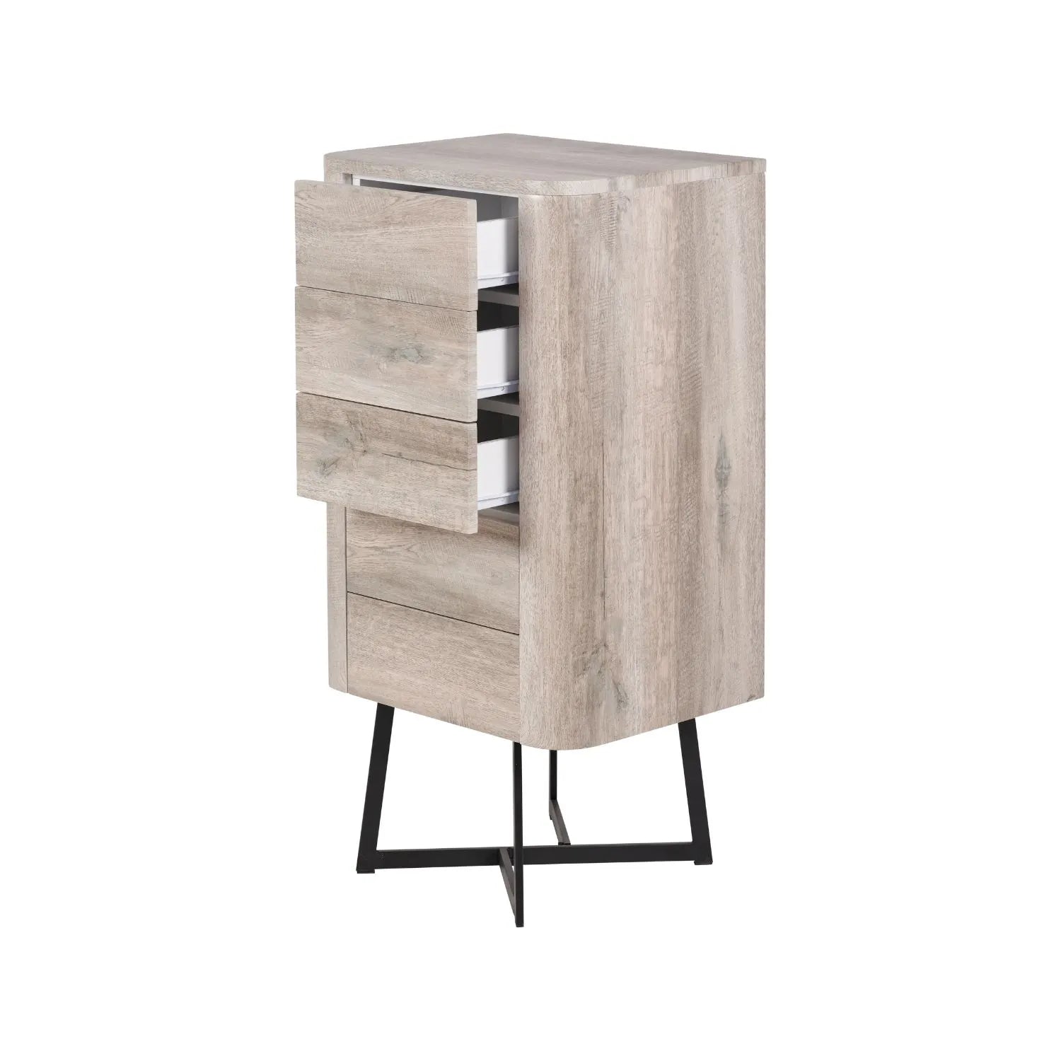 Light Grey Oak Veneer 5 Drawer Chest of Drawers with Tapered Black Metal Legs – Scandinavian Tallboy Unit H100xW50xD40cm – Grey Oak Veneer Tall Chest with Handle-Free Drawers & Black Steel Frame | Click Style