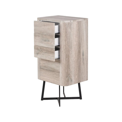 Light Grey Oak Veneer 5 Drawer Chest of Drawers with Tapered Black Metal Legs – Scandinavian Tallboy Unit H100xW50xD40cm – Grey Oak Veneer Tall Chest with Handle-Free Drawers & Black Steel Frame | Click Style