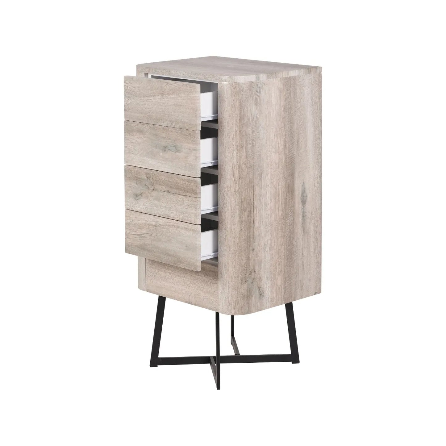 Light Grey Oak Veneer 5 Drawer Chest of Drawers with Tapered Black Metal Legs – Scandinavian Tallboy Unit H100xW50xD40cm – Grey Oak Veneer Tall Chest with Handle-Free Drawers & Black Steel Frame | Click Style