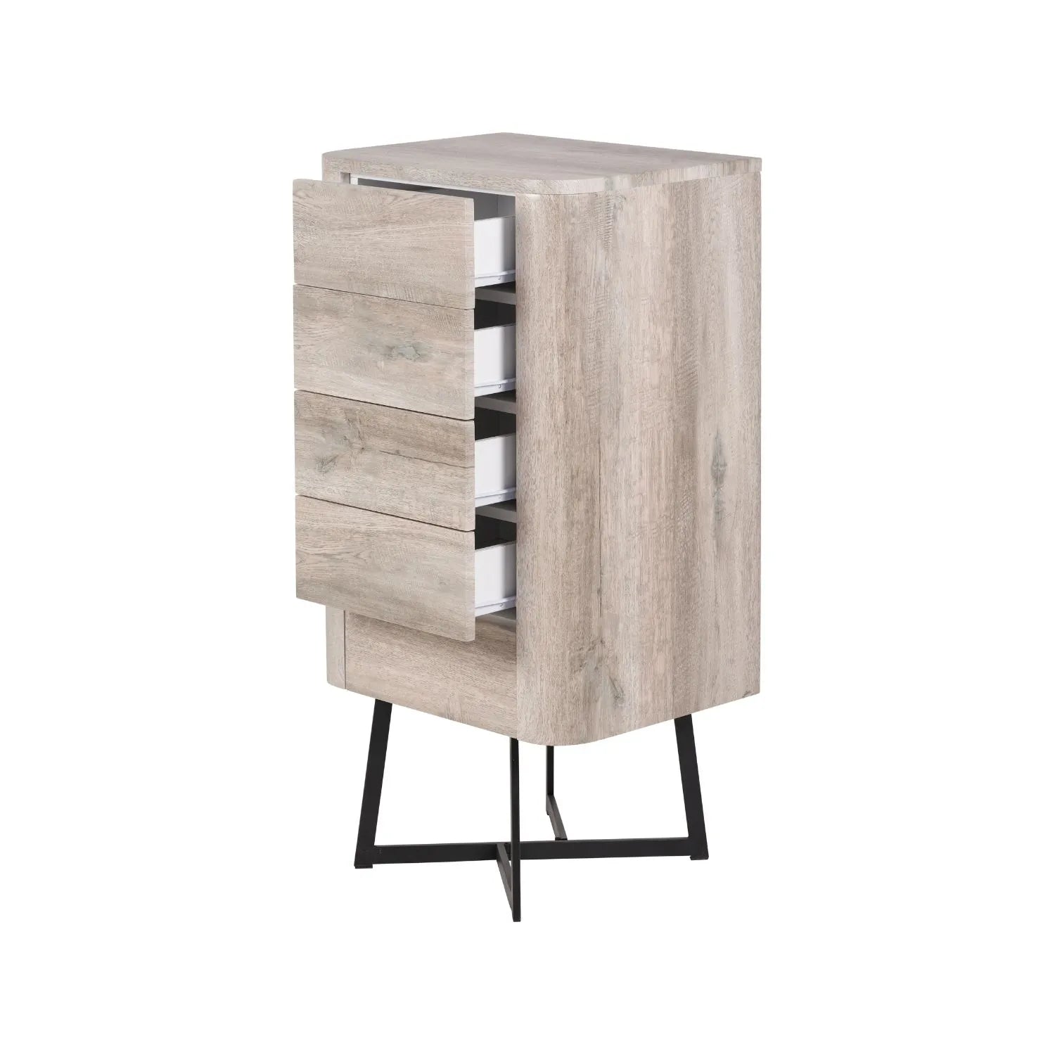 Light Grey Oak Veneer 5 Drawer Chest of Drawers with Tapered Black Metal Legs – Scandinavian Tallboy Unit H100xW50xD40cm – Grey Oak Veneer Tall Chest with Handle-Free Drawers & Black Steel Frame | Click Style