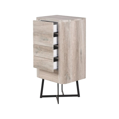 Light Grey Oak Veneer 5 Drawer Chest of Drawers with Tapered Black Metal Legs – Scandinavian Tallboy Unit H100xW50xD40cm – Grey Oak Veneer Tall Chest with Handle-Free Drawers & Black Steel Frame | Click Style