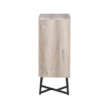 Light Grey Oak Veneer 5 Drawer Chest of Drawers with Tapered Black Metal Legs – Scandinavian Tallboy Unit H100xW50xD40cm – Grey Oak Veneer Tall Chest with Handle-Free Drawers & Black Steel Frame Side | Click Style