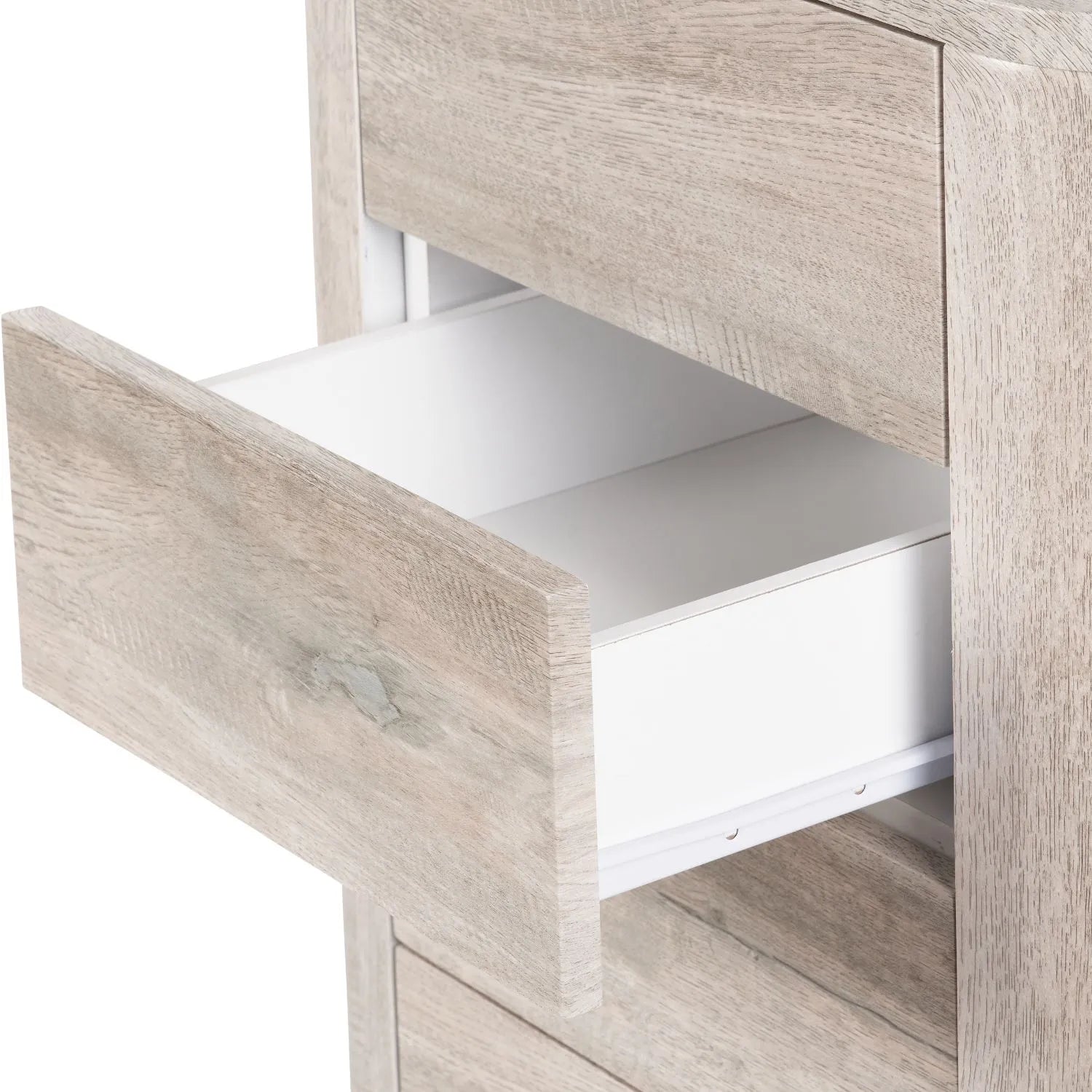 Light Grey Oak Veneer 5 Drawer Chest of Drawers with Tapered Black Metal Legs – Scandinavian Tallboy Unit H100xW50xD40cm – Grey Oak Veneer Tall Chest with Handle-Free Drawers & Black Steel Frame | Click Style