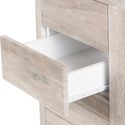 Light Grey Oak Veneer 5 Drawer Chest of Drawers with Tapered Black Metal Legs – Scandinavian Tallboy Unit H100xW50xD40cm – Grey Oak Veneer Tall Chest with Handle-Free Drawers & Black Steel Frame | Click Style