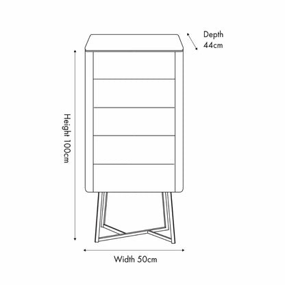 Light Grey Oak Veneer 5 Drawer Chest of Drawers with Tapered Black Metal Legs – Scandinavian Tallboy Unit H100xW50xD40cm – Grey Oak Veneer Tall Chest with Handle-Free Drawers & Black Steel Frame Dimensions | Click Style
