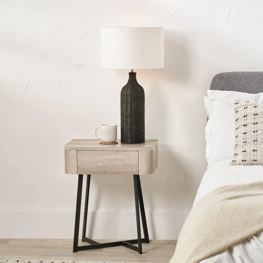 Light Grey Oak Veneer Side Table with 1 Drawer & Tapered Black Metal Frame – Scandinavian Bedside Table with Minimalist Handle-Free Design 60x50x40cm | Click Style