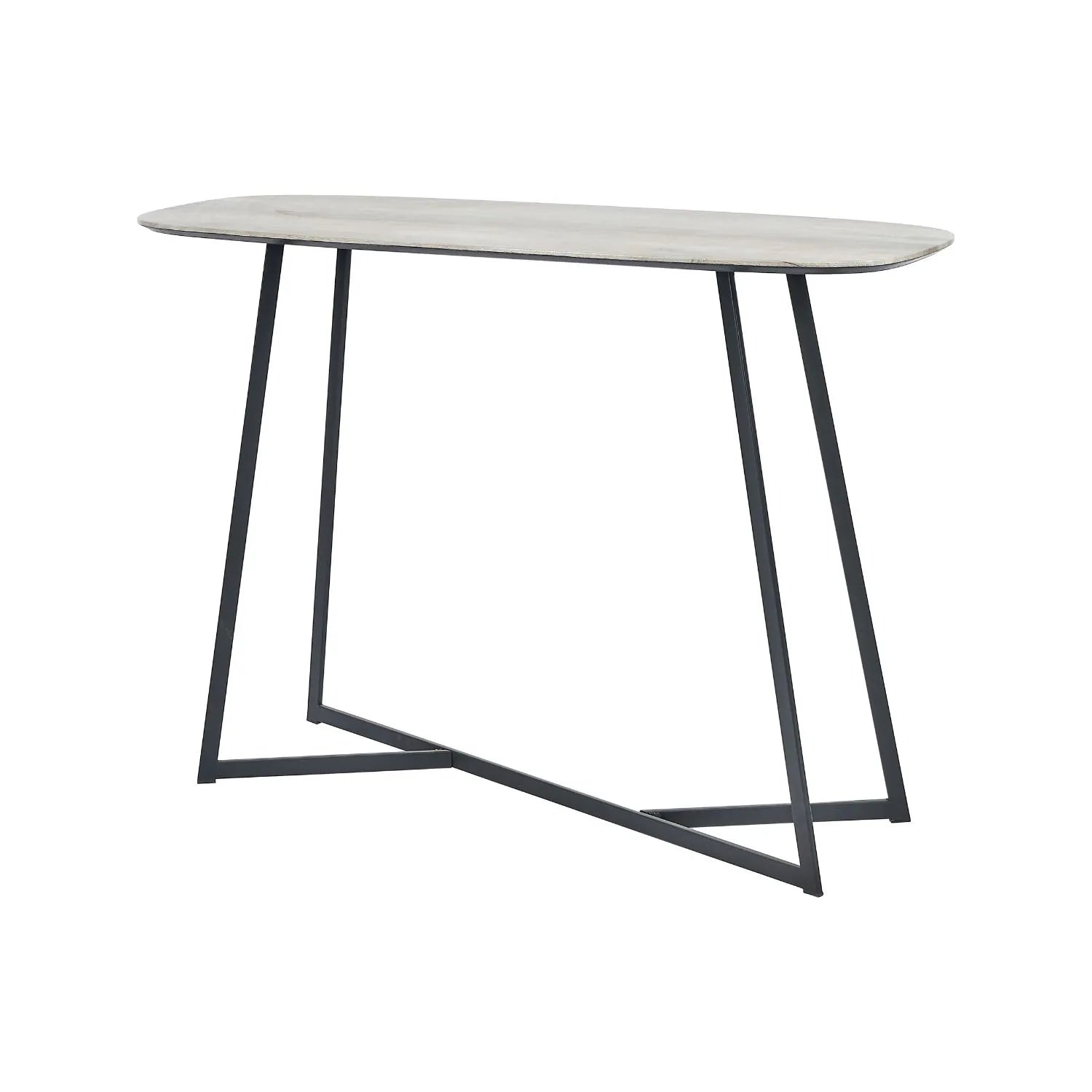 Light Grey Oak Veneer Slim Console Table with Curved Edges & Tapered Black Metal Legs – Scandinavian Narrow Hallway Table H80xW120xD20cm – Modern Grey Oak with Black Steel Frame | Click Style