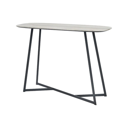 Light Grey Oak Veneer Slim Console Table with Curved Edges & Tapered Black Metal Legs – Scandinavian Narrow Hallway Table H80xW120xD20cm – Modern Grey Oak with Black Steel Frame | Click Style