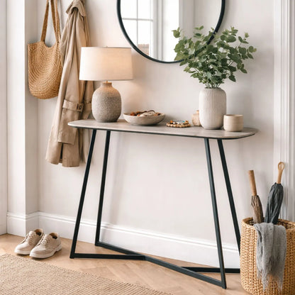 Light Grey Oak Veneer Slim Console Table with Curved Edges & Tapered Black Metal Legs – Scandinavian Narrow Hallway Table H80xW120xD20cm – Modern Grey Oak with Black Steel Frame | Click Style