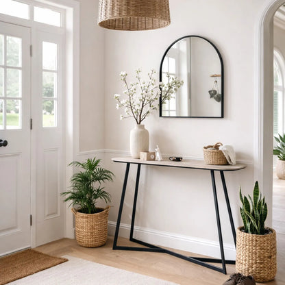 Light Grey Oak Veneer Slim Console Table with Curved Edges & Tapered Black Metal Legs – Scandinavian Narrow Hallway Table H80xW120xD20cm – Modern Grey Oak with Black Steel Frame | Click Style