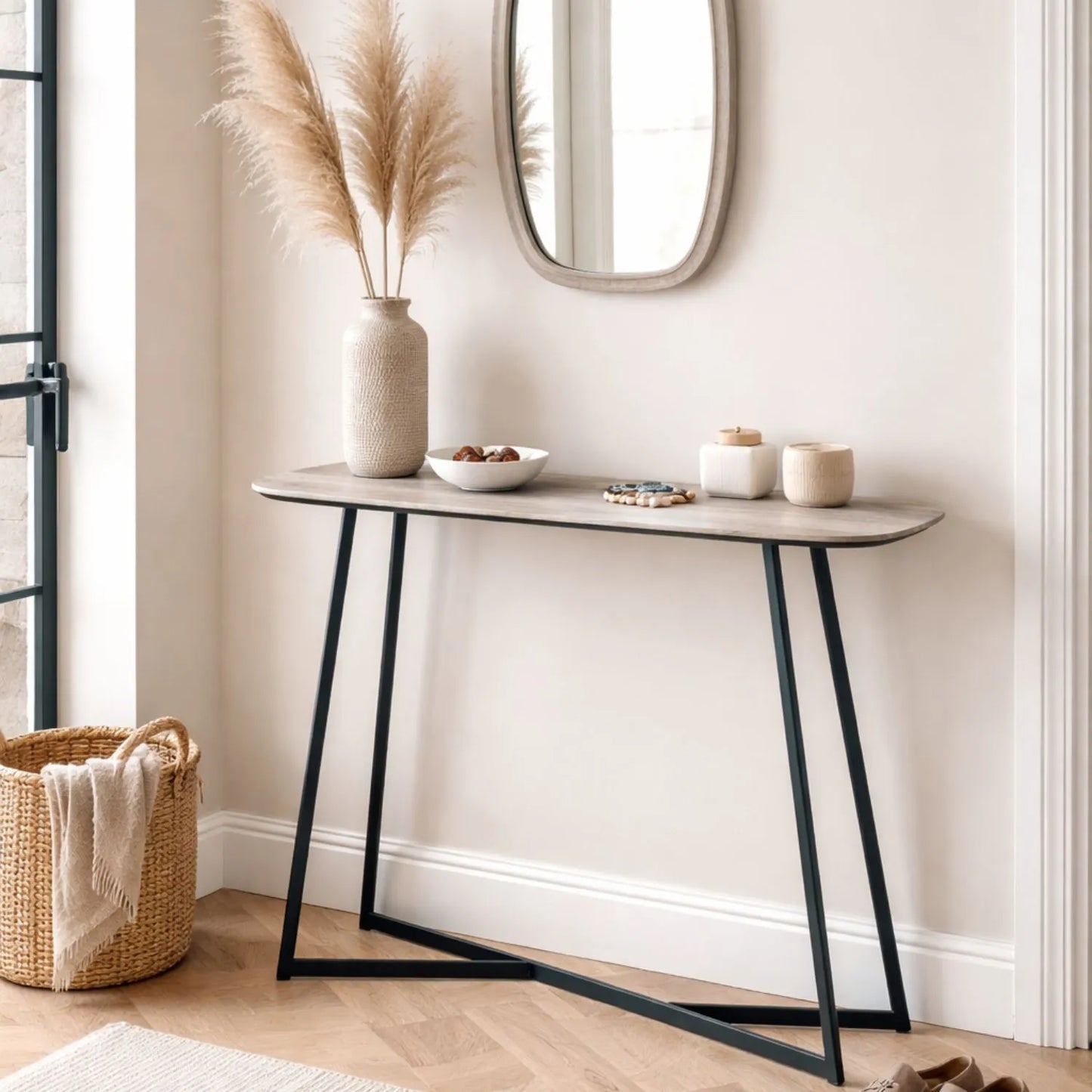 Light Grey Oak Veneer Slim Console Table with Curved Edges & Tapered Black Metal Legs – Scandinavian Narrow Hallway Table H80xW120xD20cm – Modern Grey Oak with Black Steel Frame | Click Style