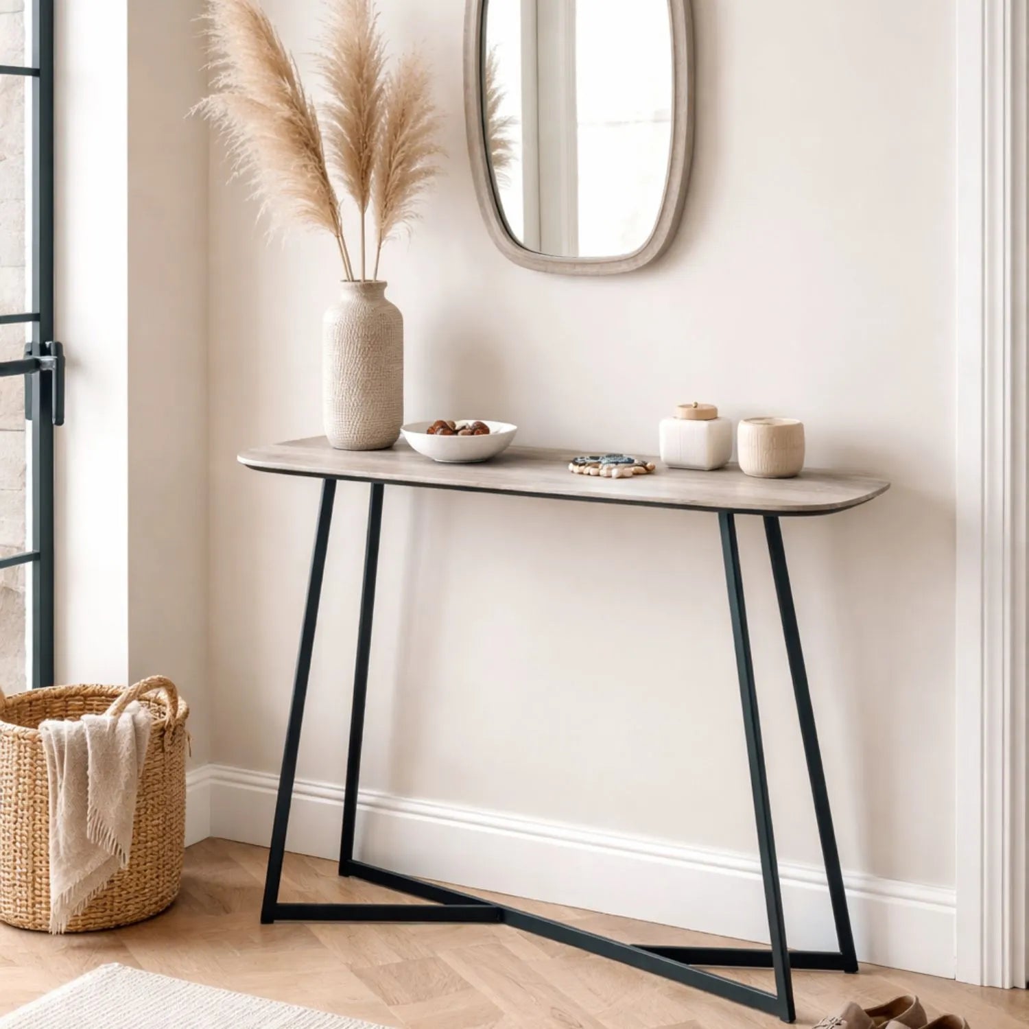 Light Grey Oak Veneer Slim Console Table with Curved Edges & Tapered Black Metal Legs – Scandinavian Narrow Hallway Table H80xW120xD20cm – Modern Grey Oak with Black Steel Frame | Click Style