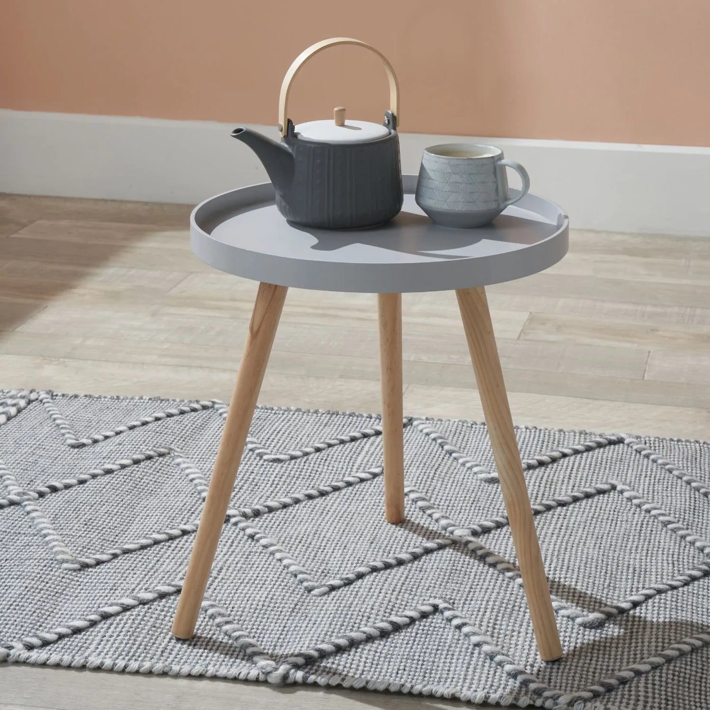 Light Grey Round Tripod Side Table with Pine Wooden Legs – Small Bedside or Coffee Table 43.5x41cm - Click Style