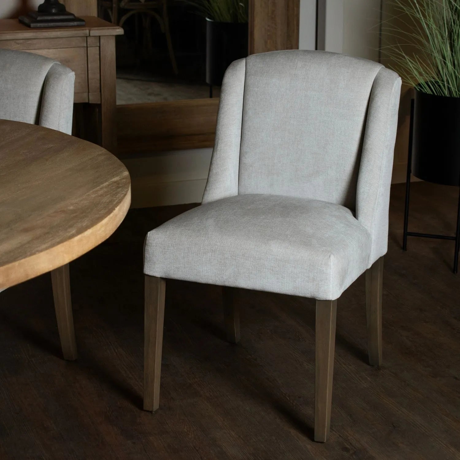 Light Grey Woven Fabric Dining Chair with Rubberwood Legs, Padded Upholstered Seat and Tall Supportive Backrest – Modern Neutral Upholstered High Back Side Chair for Kitchen, Dining Room or Home Office 87x52x59cm | Click Style