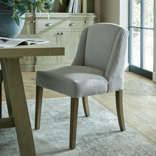 Light Grey Woven Fabric Dining Chair with Rubberwood Legs, Padded Upholstered Seat and Tall Supportive Backrest – Modern Neutral Upholstered High Back Side Chair for Kitchen, Dining Room or Home Office 87x52x59cm | Click Style