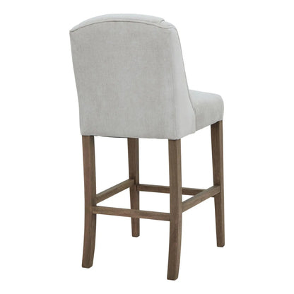 Light Grey Woven Fabric Upholstered Bar Stool with Rubberwood Legs, Integrated Footrest and Supportive Padded High Backrest – Modern Neutral Kitchen Island Breakfast Bar Stool 107x52x59cm | Click Style