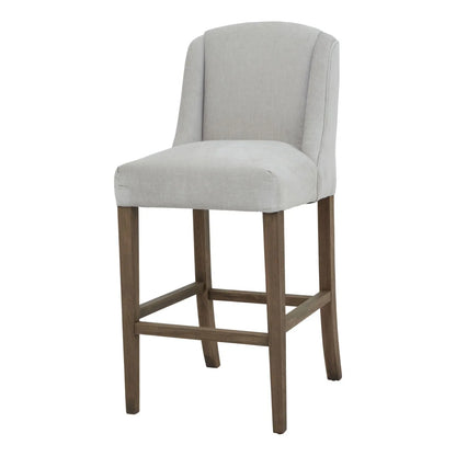 Light Grey Woven Fabric Upholstered Bar Stool with Rubberwood Legs, Integrated Footrest and Supportive Padded High Backrest – Modern Neutral Kitchen Island Breakfast Bar Stool 107x52x59cm | Click Style