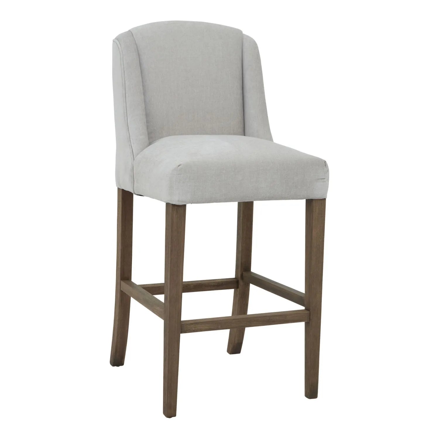 Light Grey Woven Fabric Upholstered Bar Stool with Rubberwood Legs, Integrated Footrest and Supportive Padded High Backrest – Modern Neutral Kitchen Island Breakfast Bar Stool 107x52x59cm | Click Style