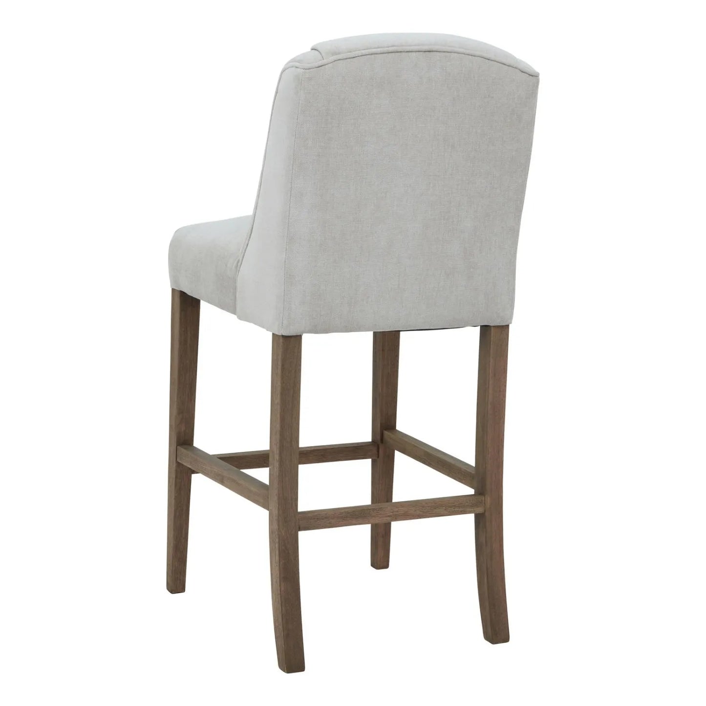 Light Grey Woven Fabric Upholstered Bar Stool with Rubberwood Legs, Integrated Footrest and Supportive Padded High Backrest – Modern Neutral Kitchen Island Breakfast Bar Stool 107x52x59cm | Click Style