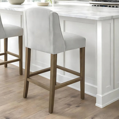 Light Grey Woven Fabric Upholstered Bar Stool with Rubberwood Legs, Integrated Footrest and Supportive Padded High Backrest – Modern Neutral Kitchen Island Breakfast Bar Stool 107x52x59cm | Click Style