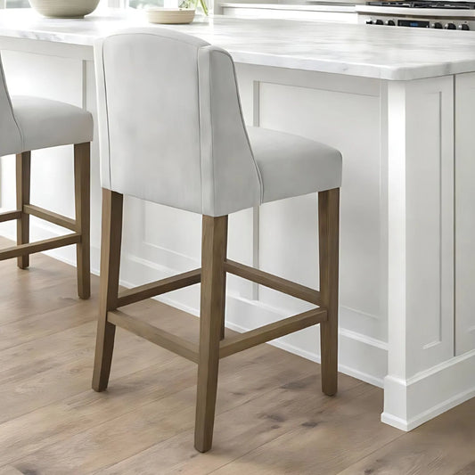 Light Grey Woven Fabric Upholstered Bar Stool with Rubberwood Legs, Integrated Footrest and Supportive Padded High Backrest – Modern Neutral Kitchen Island Breakfast Bar Stool 107x52x59cm | Click Style