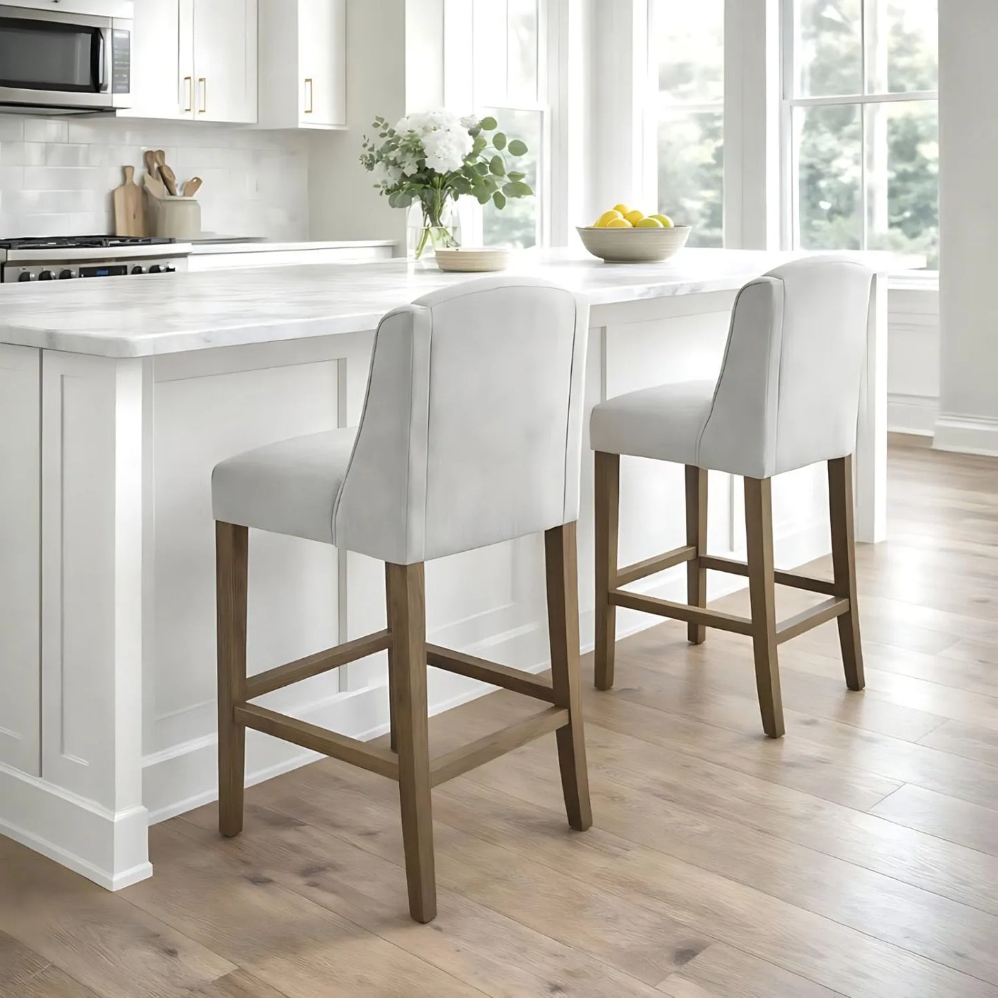 Light Grey Woven Fabric Upholstered Bar Stool with Rubberwood Legs, Integrated Footrest and Supportive Padded High Backrest – Modern Neutral Kitchen Island Breakfast Bar Stool 107x52x59cm | Click Style