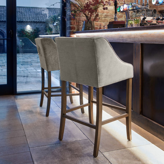 Light Grey Fabric High Back Bar Stool with Wooden Legs