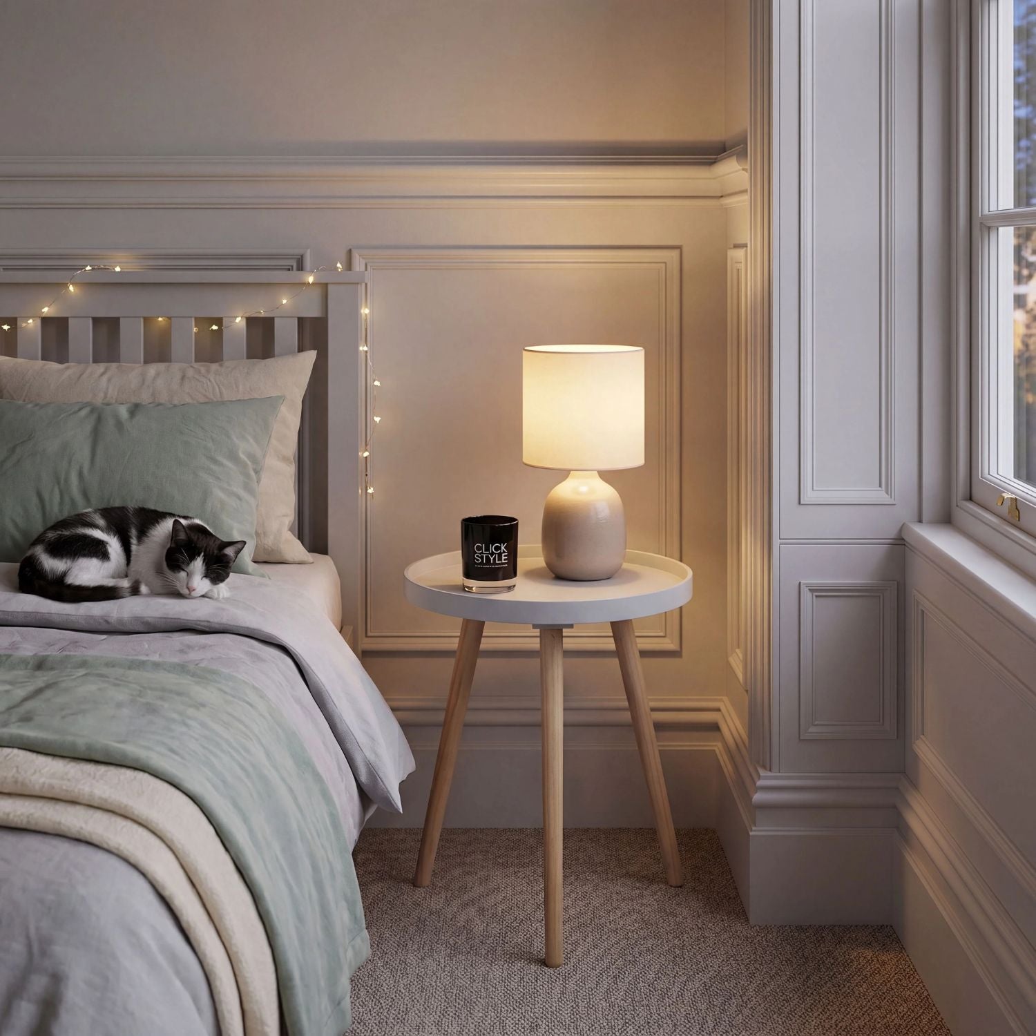 Light Grey Round Tripod Side Table with Pine Wooden Legs – Small Bedside or Coffee Table 43.5x41cm – Round Light Grey Wood Veneer Side Table with Raised Edge for Living Rooms Bedrooms Home Offices Reading Nooks & Scandinavian Interiors | Click Style