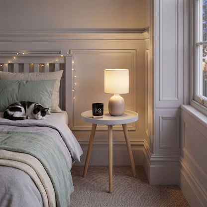 Light Grey Round Tripod Side Table with Pine Wooden Legs – Small Bedside or Coffee Table 43.5x41cm – Round Light Grey Wood Veneer Side Table with Raised Edge for Living Rooms Bedrooms Home Offices Reading Nooks & Scandinavian Interiors | Click Style