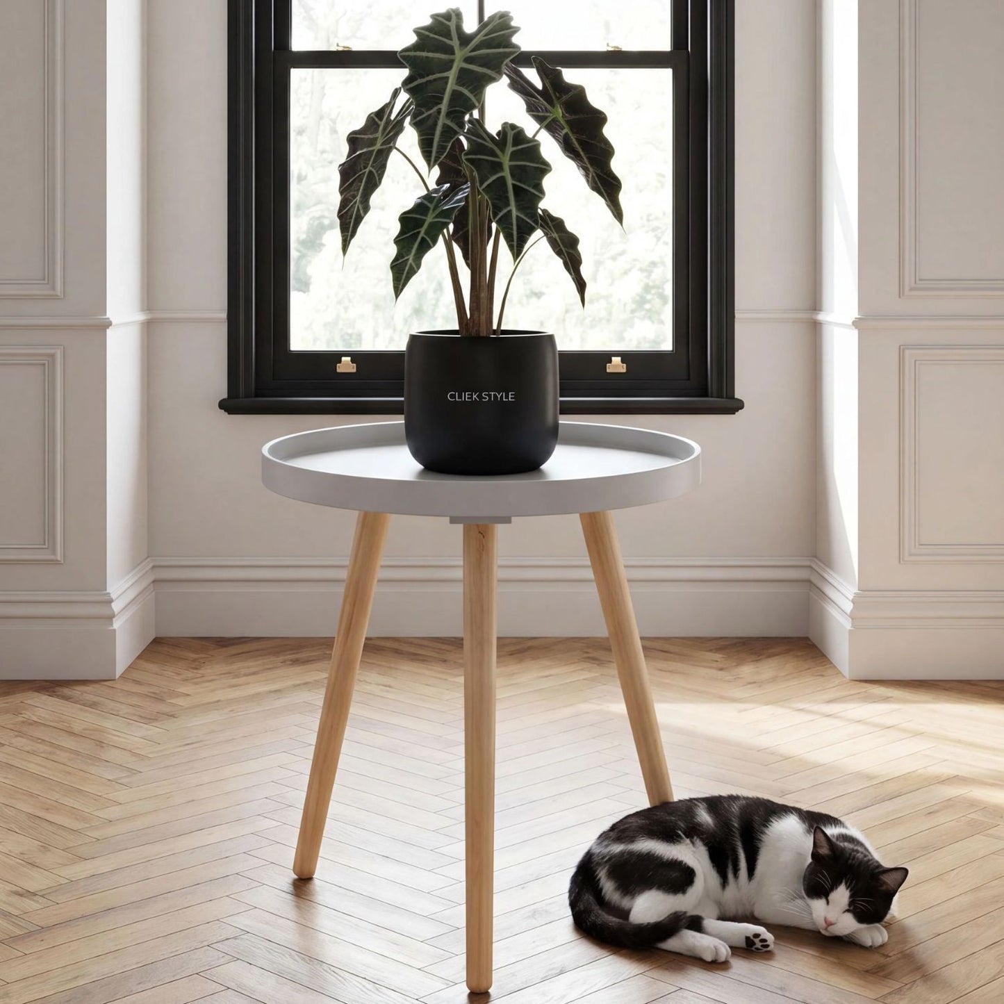 Light Grey Round Tripod Side Table with Pine Wooden Legs – Small Bedside or Coffee Table 43.5x41cm – Round Light Grey Wood Veneer Side Table with Raised Edge for Living Rooms Bedrooms Home Offices Reading Nooks & Scandinavian Interiors | Click Style