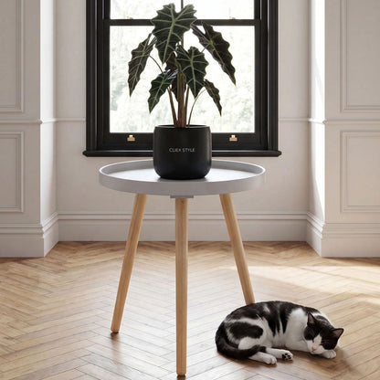 Light Grey Round Tripod Side Table with Pine Wooden Legs – Small Bedside or Coffee Table 43.5x41cm – Round Light Grey Wood Veneer Side Table with Raised Edge for Living Rooms Bedrooms Home Offices Reading Nooks & Scandinavian Interiors | Click Style