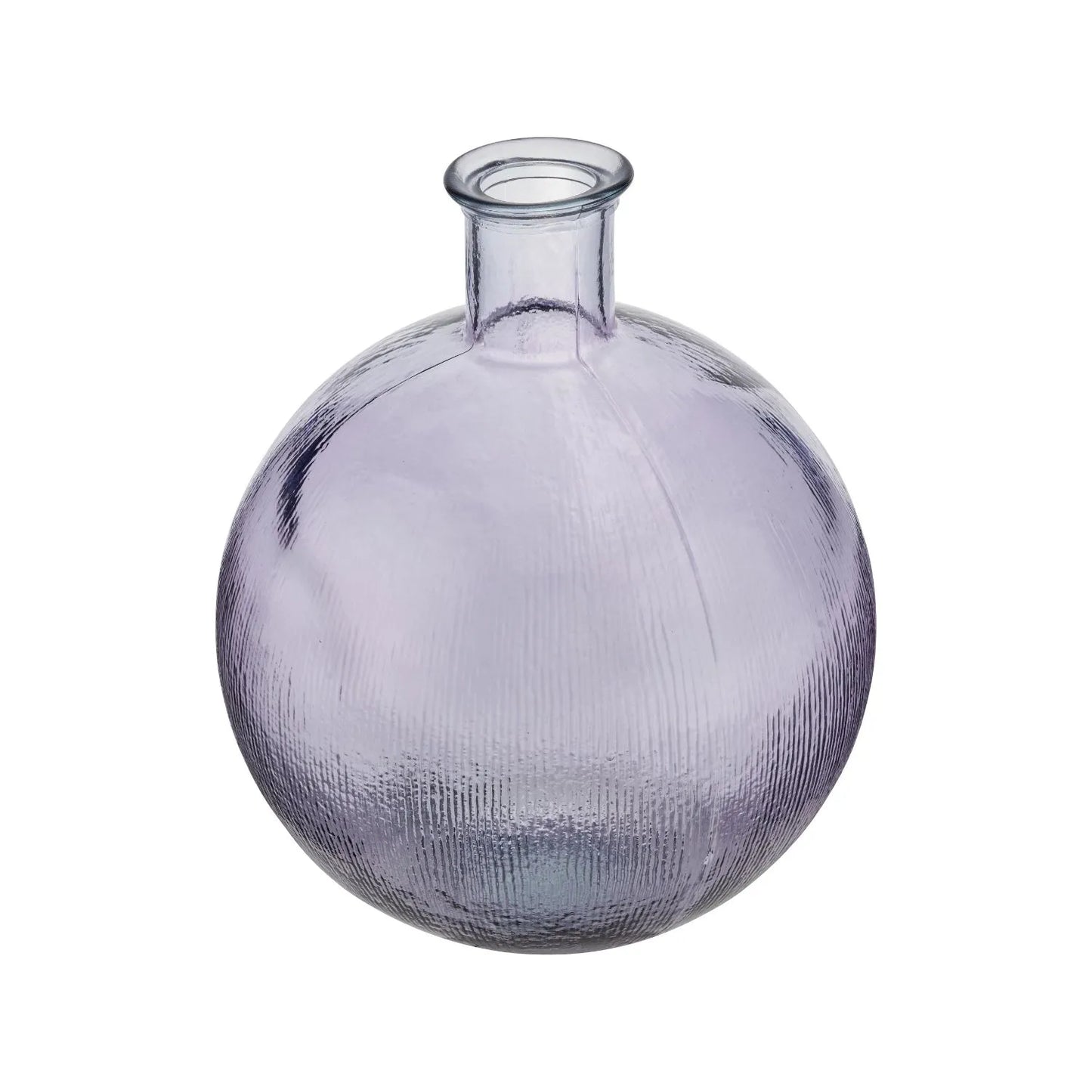 Lilac Recycled Bulbous Floor Vase with Ribbed Texture & Narrow Neck – Artisan Purple Decorative Glass Vessel H42xW34xD34cm - Click Style