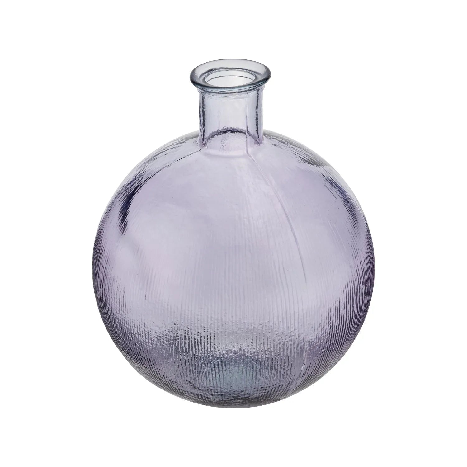 Lilac Recycled Bulbous Floor Vase with Ribbed Texture & Narrow Neck – Artisan Purple Decorative Glass Vessel H42xW34xD34cm - Click Style