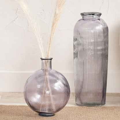 Lilac Recycled Bulbous Floor Vase with Ribbed Texture & Narrow Neck – Artisan Purple Decorative Glass Vessel H42xW34xD34cm - Click Style