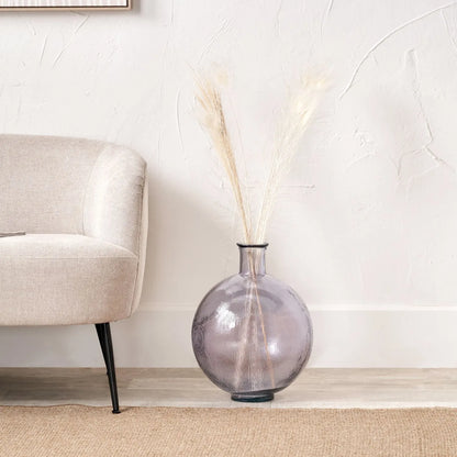 Lilac Recycled Bulbous Floor Vase with Ribbed Texture & Narrow Neck – Artisan Purple Decorative Glass Vessel H42xW34xD34cm - Click Style