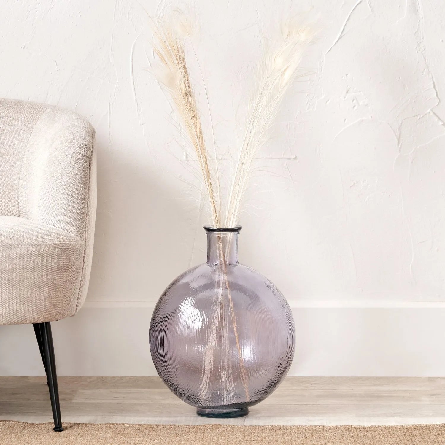 Lilac Recycled Bulbous Floor Vase with Ribbed Texture & Narrow Neck – Artisan Purple Decorative Glass Vessel H42xW34xD34cm - Click Style