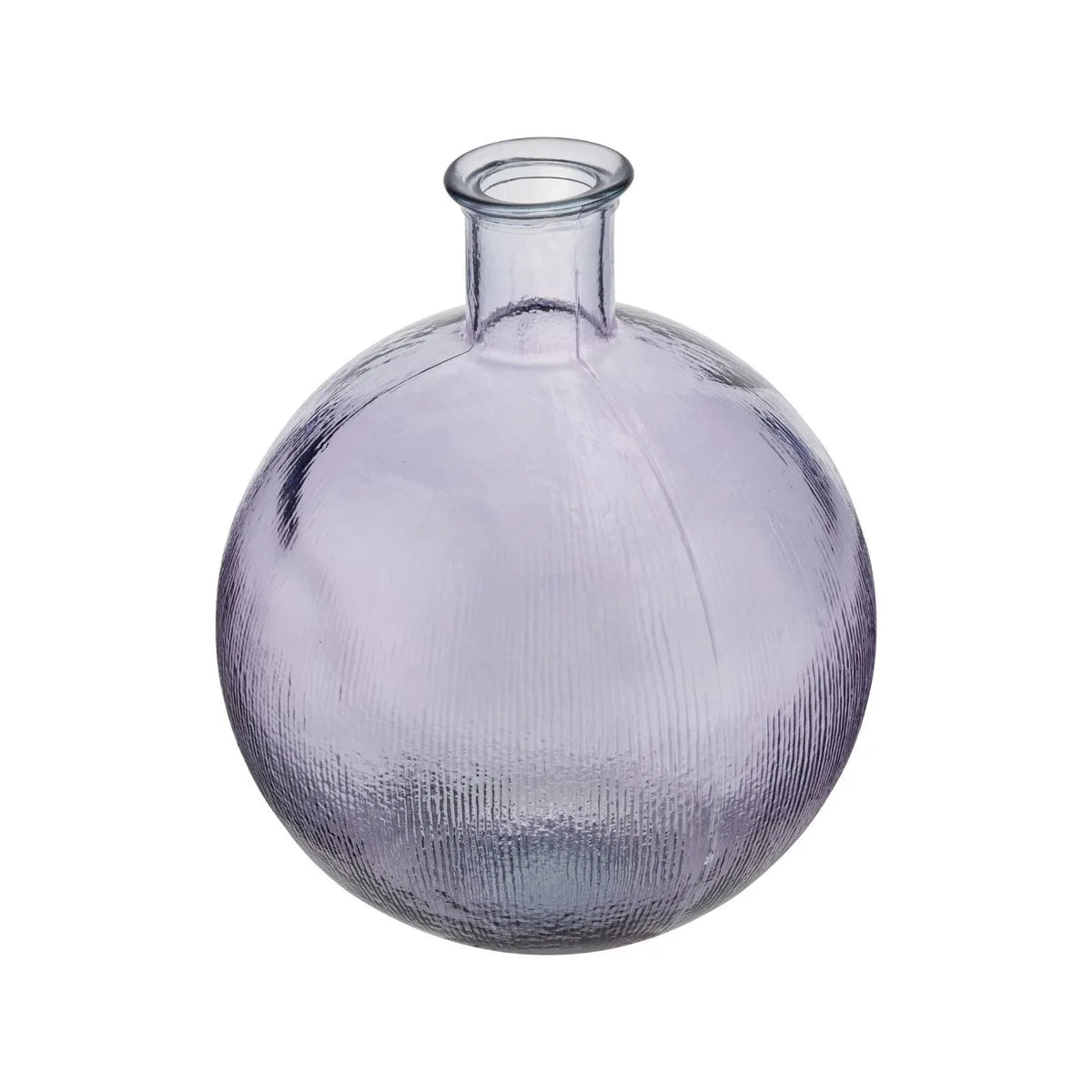 Lilac Recycled Glass Ribbed Vase with Bulbous Shape & Narrow Neck – Large Floor Standing Vase 42x34x34cm – Angled Product View | Click Style