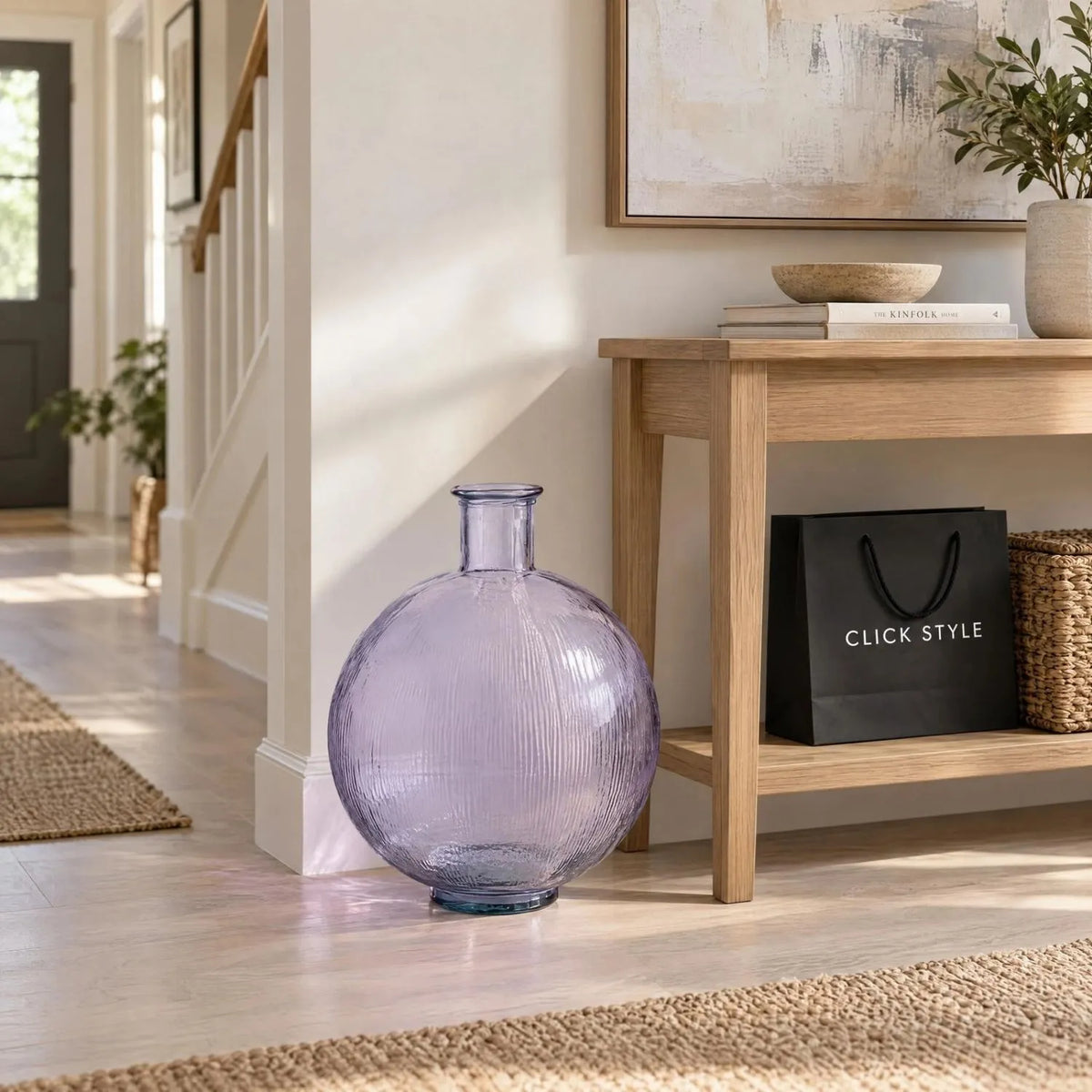 Lilac Recycled Glass Ribbed Vase with Bulbous Shape & Narrow Neck – Large Floor Standing Vase 42x34x34cm – Hallway Console Table Lifestyle | Click Style