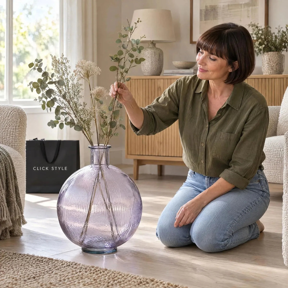 Lilac Recycled Glass Ribbed Vase with Bulbous Shape & Narrow Neck – Large Floor Standing Vase 42x34x34cm – Woman Styling with Artificial Stems | Click Style