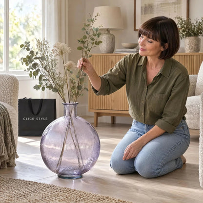 Lilac Recycled Glass Ribbed Vase with Bulbous Shape & Narrow Neck – Large Floor Standing Vase 42x34x34cm – Woman Styling with Artificial Stems | Click Style