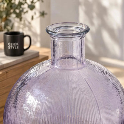 Lilac Recycled Glass Ribbed Vase with Bulbous Shape & Narrow Neck – Large Floor Standing Vase 42x34x34cm – Rolled Rim & Narrow Neck Close-Up | Click Style