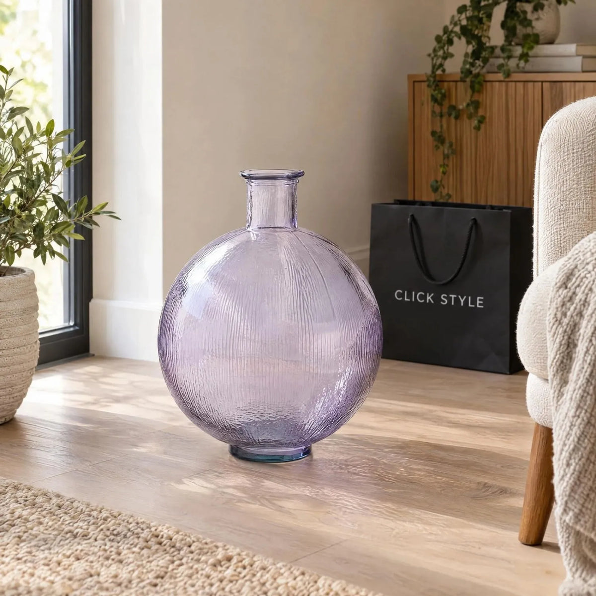 Lilac Recycled Glass Ribbed Vase with Bulbous Shape & Narrow Neck – Large Floor Standing Vase 42x34x34cm – Empty Vase Living Room Lifestyle | Click Style