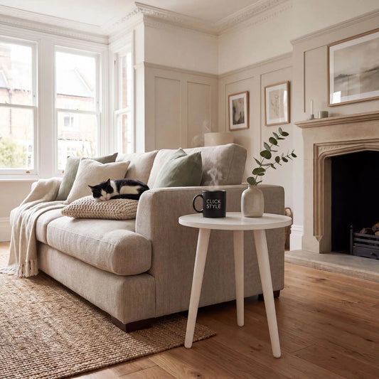 Linen White Tripod Pine Wood Side Table with 3 Legs – Modern Neutral Round Wooden Bedside Table 40x41x40cm - Click Style