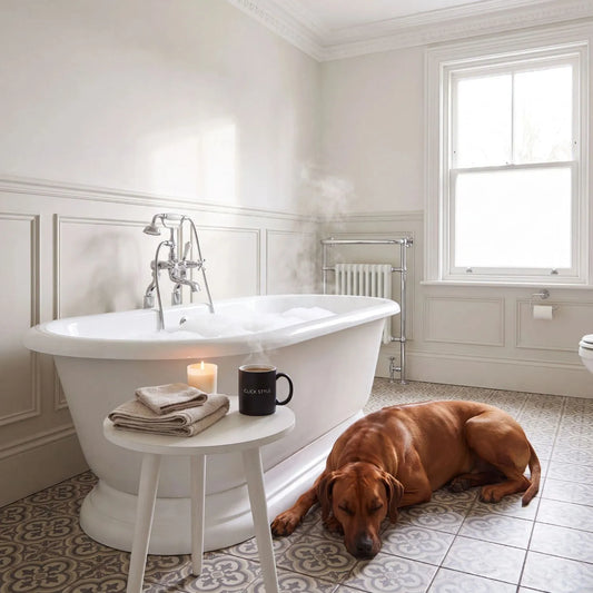 Warm Ivory Pine Wood Round Tripod Side Table styled in a modern Edwardian bathroom beside a roll top bath with Rhodesian Ridgeback dog sleeping nearby 42x40x40cm | Click Style