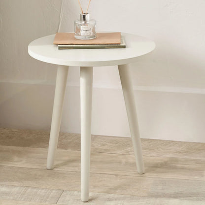 Linen White Tripod Pine Wood Side Table with 3 Legs – Modern Neutral Round Wooden Bedside Table 40x41x40cm - Click Style