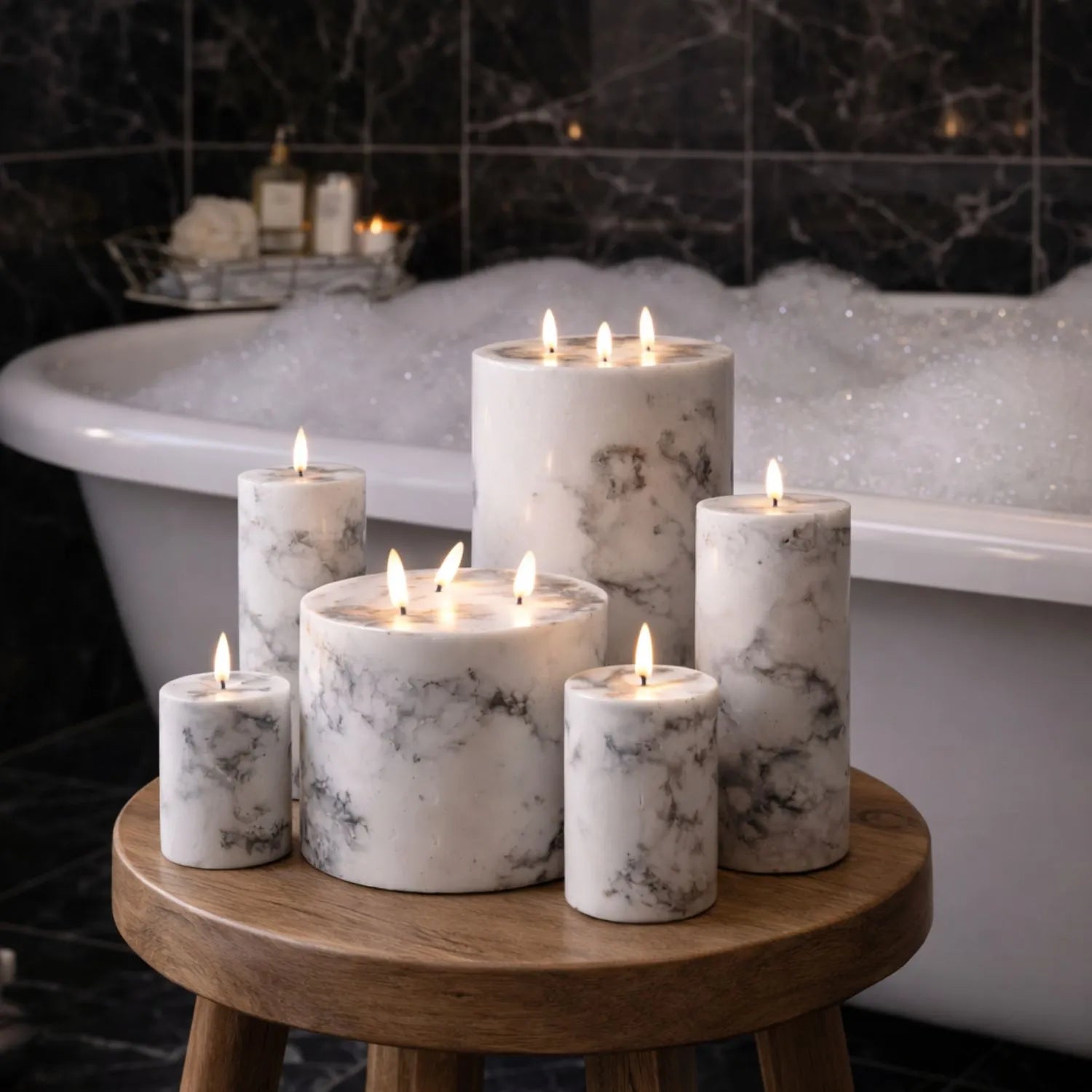 Marble-Effect LED 3 Wick Pillar Candle with Flickering Flame, Real Wax, Batteries Included with Built-In Timer 30x15cm | Click Style