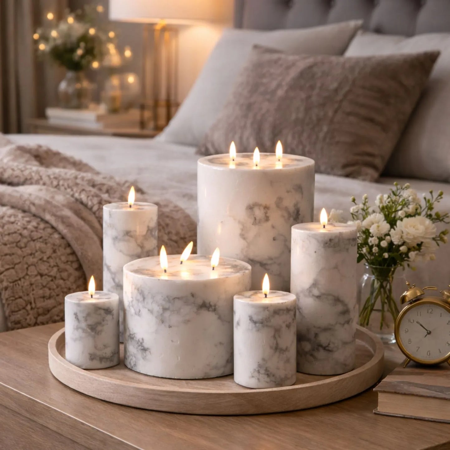 Marble-Effect LED Pillar Candle with Flickering Flame, Real Wax, Batteries Included with Built-In Timer 15x7.5cm | Click Style